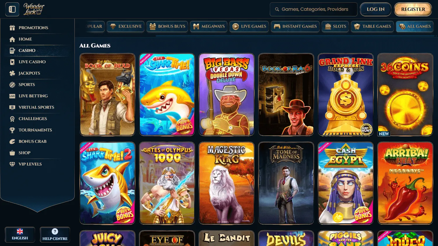 Wonderluck Casino games experience on desktop