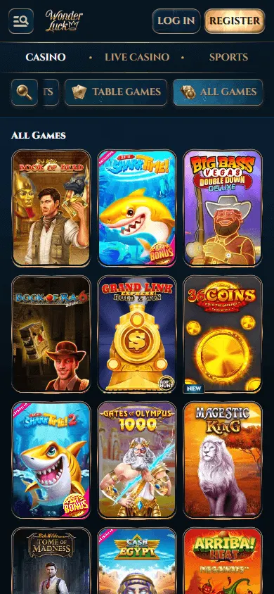 Wonderluck Casino games experience on a mobile browser