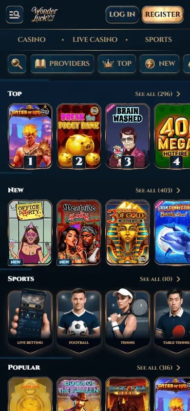 Wonderluck Casino home experience on a mobile browser