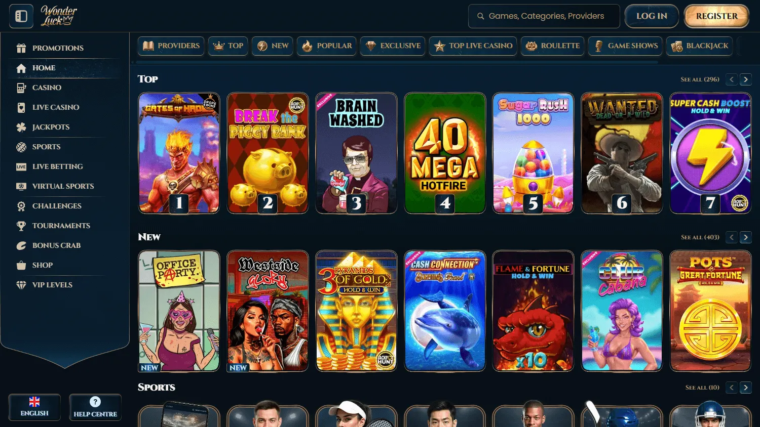 Wonderluck Casino home experience on desktop