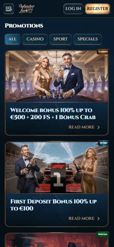 Wonderluck Casino promotions experience on a mobile browser